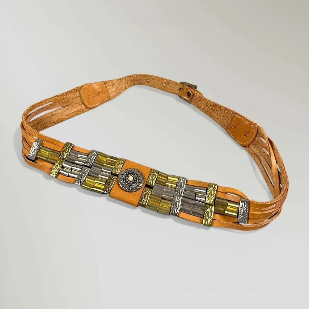 Vintage Western Concho Belt Argentina Leather S/M Boho Y2K Metal Stud Waist Belt - Picture 1 of 7
